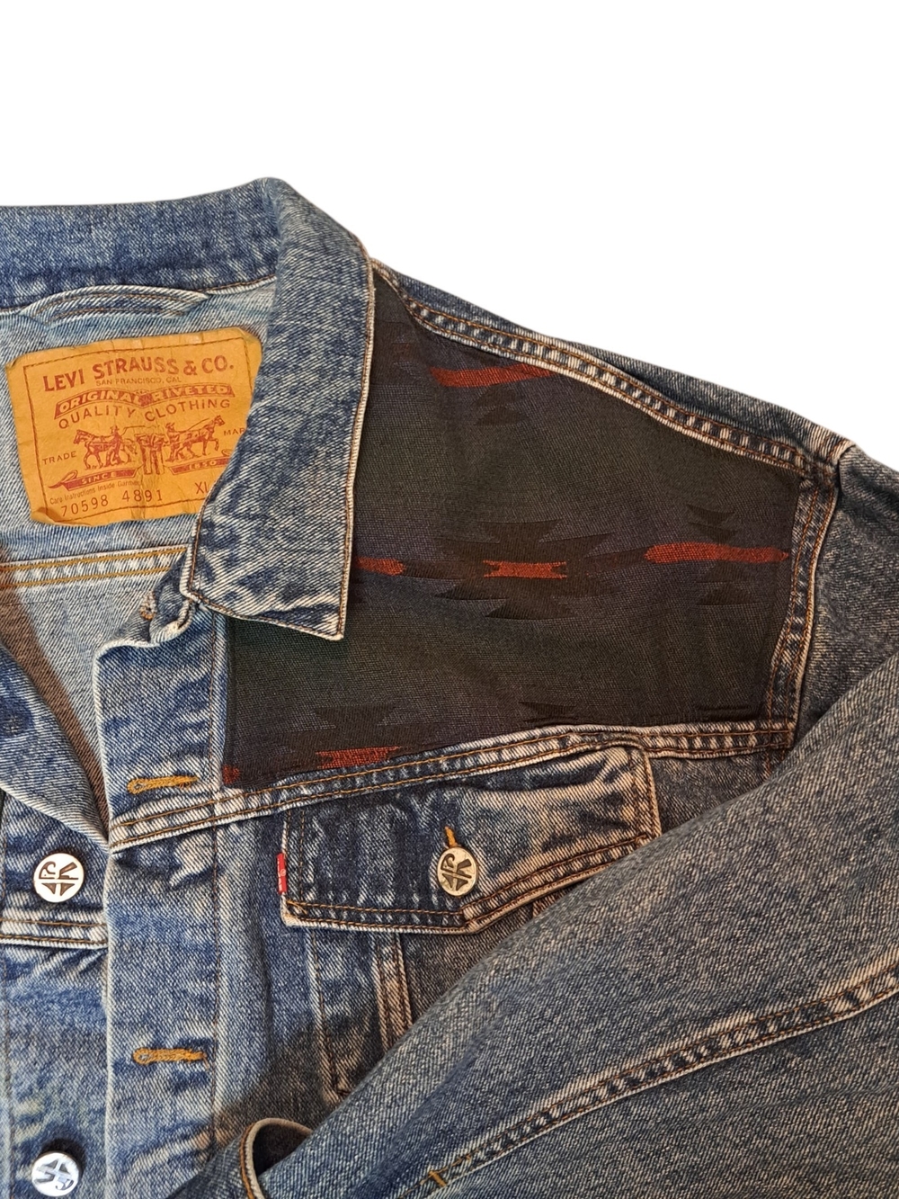 Levi’s Vintage XL Denim Trucker Jacket Southwestern Aztec Fabric Panels 70598 - Picture 3 of 14